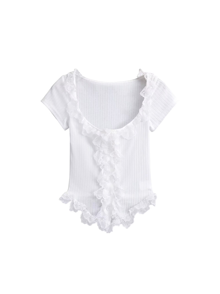 Lace Trim Button-Up Cropped Shirt