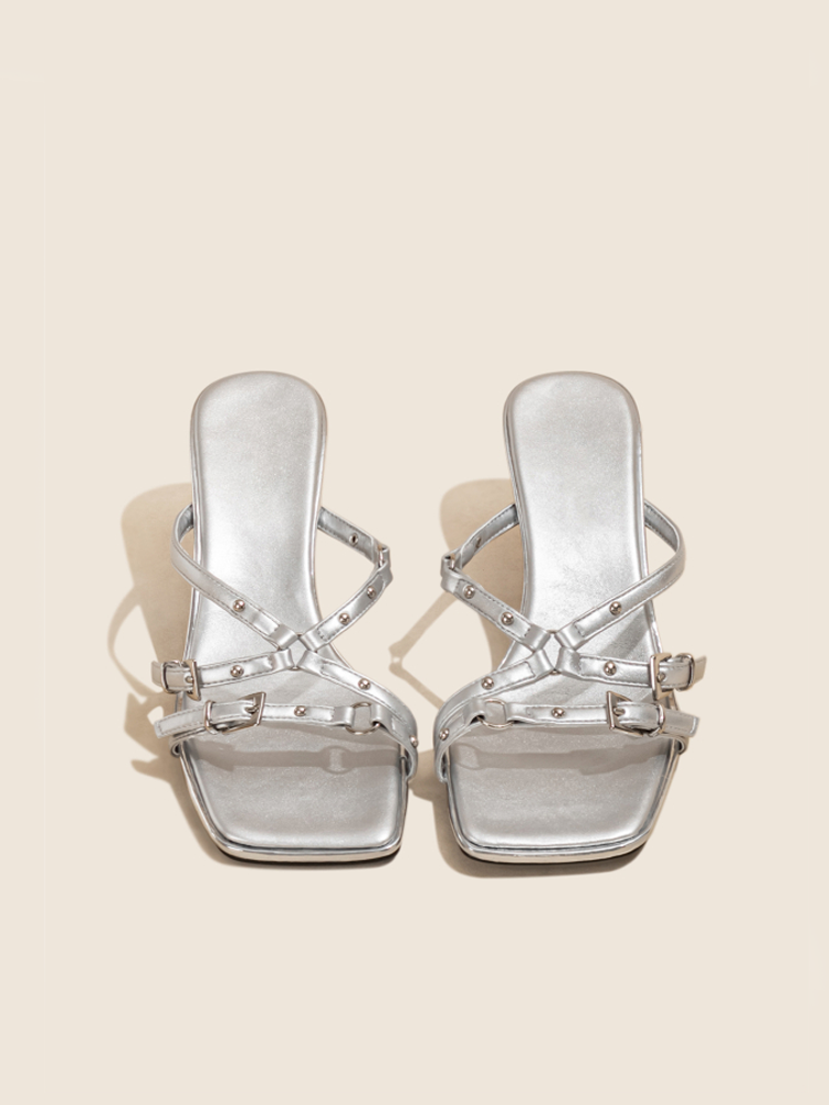 Silver Stiletto Heel Slide Sandals with Open Toe & Strap