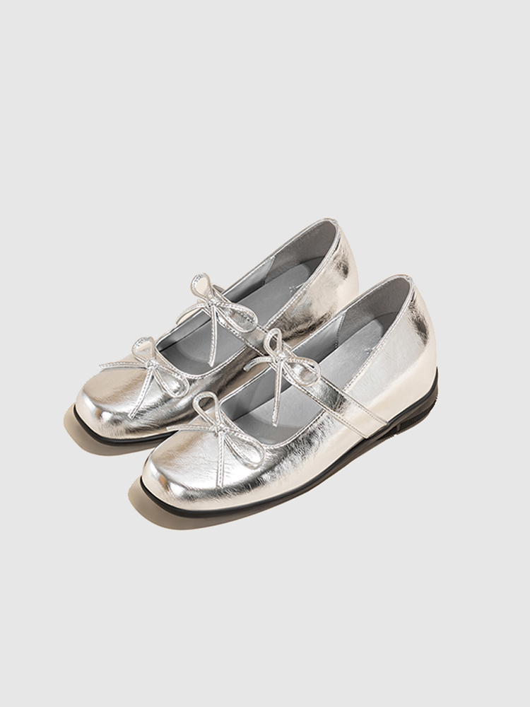 7cm Height-Increase Silver Bow Mary Jane Ballet Flats