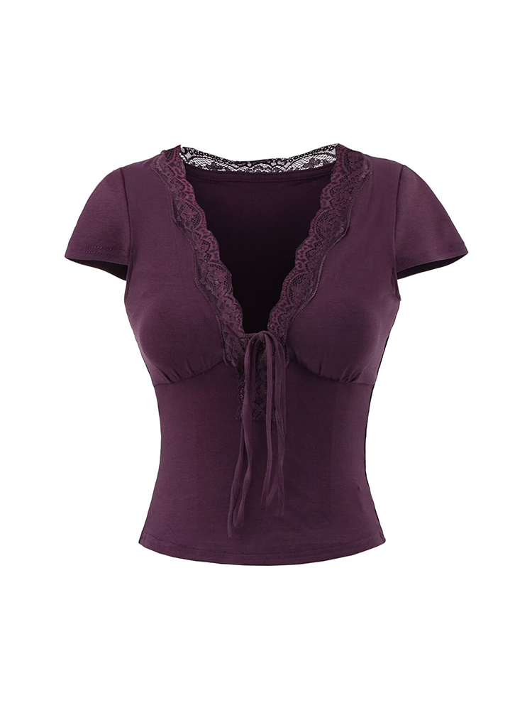 Lace Trim Tie-Front Deep V T-Shirt