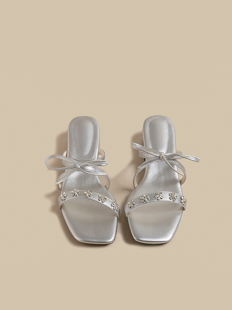 Bow Rhinestone Block Heel Sandals