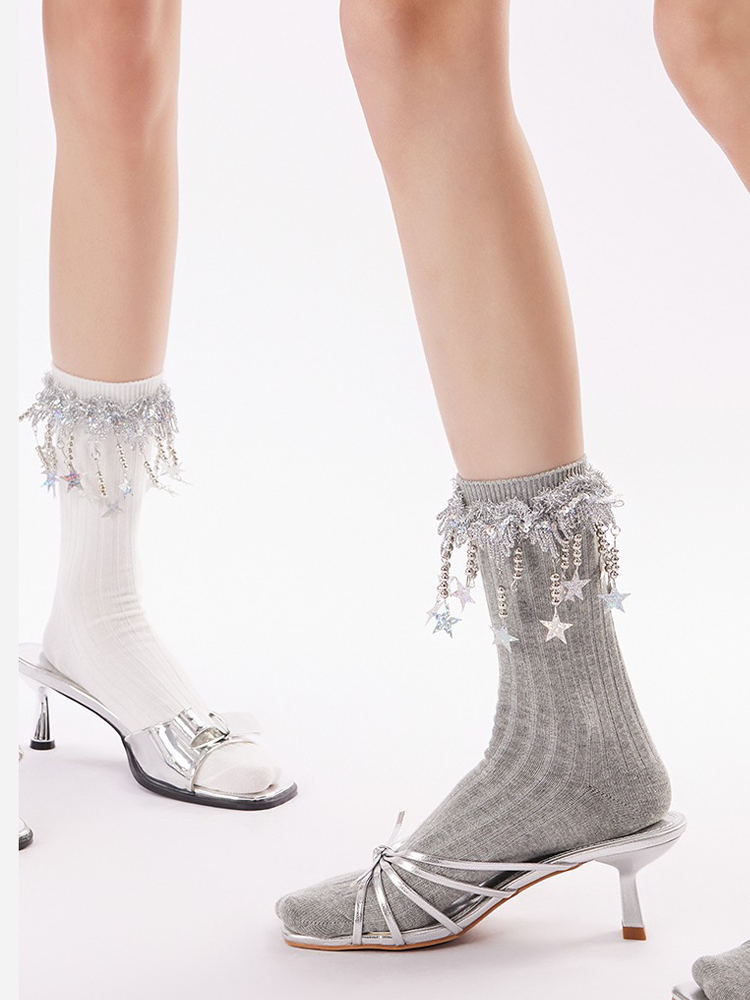 Sequin Star Tassel Mid-Calf Slouch Socks