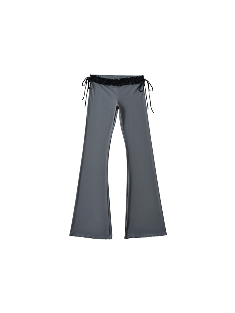 Ruched Drawstring Flare Pants with Lace Trim