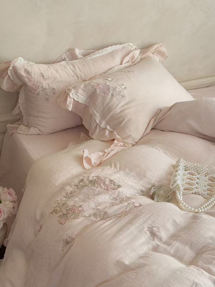 French Gentle Cotton Gauze Bedding Set Embroidered Lace Flat Sheet