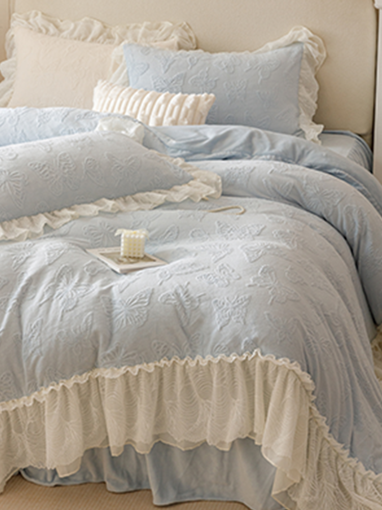 French Winter Ultra Soft Plush Fleece Bedding Set Lace Princess Bed Skirt