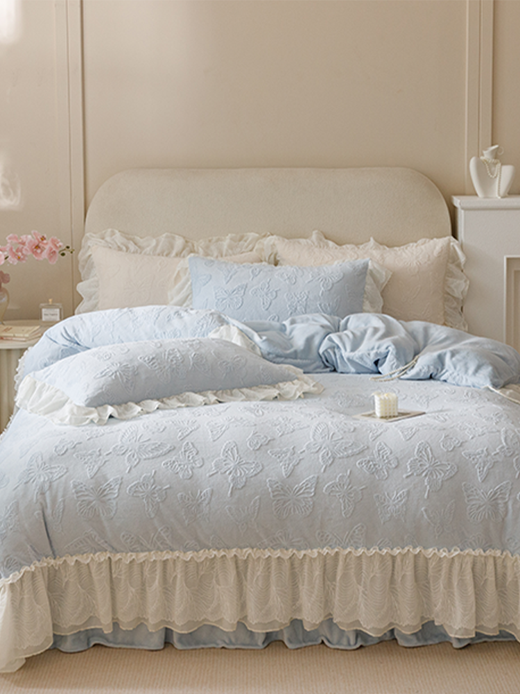 French Winter Ultra Soft Plush Fleece Bedding Set Lace Princess Bed Skirt