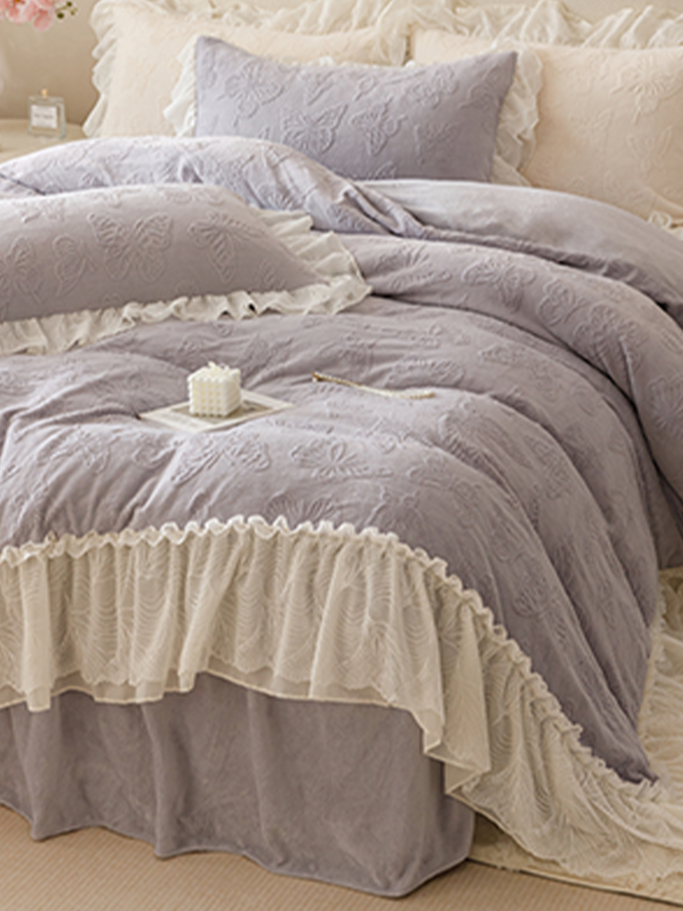 French Winter Ultra Soft Plush Fleece Bedding Set Lace Princess Bed Skirt