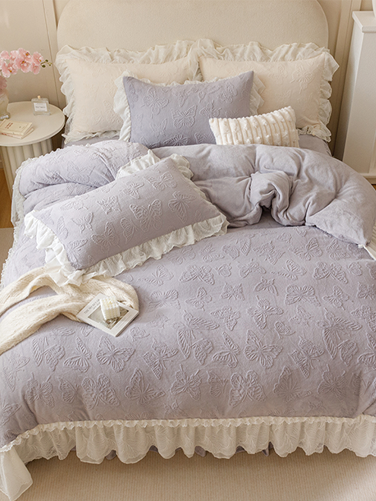 French Winter Ultra Soft Plush Fleece Bedding Set Lace Princess Bed Skirt