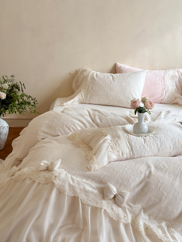 French Romantic Plush Ultra Soft Plush Fleece Bedding Set Lace Flat Sheet