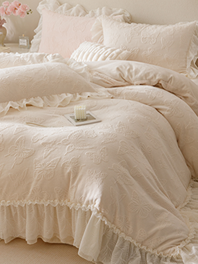 French Winter Ultra Soft Plush Fleece Bedding Set Lace Princess Bed Skirt