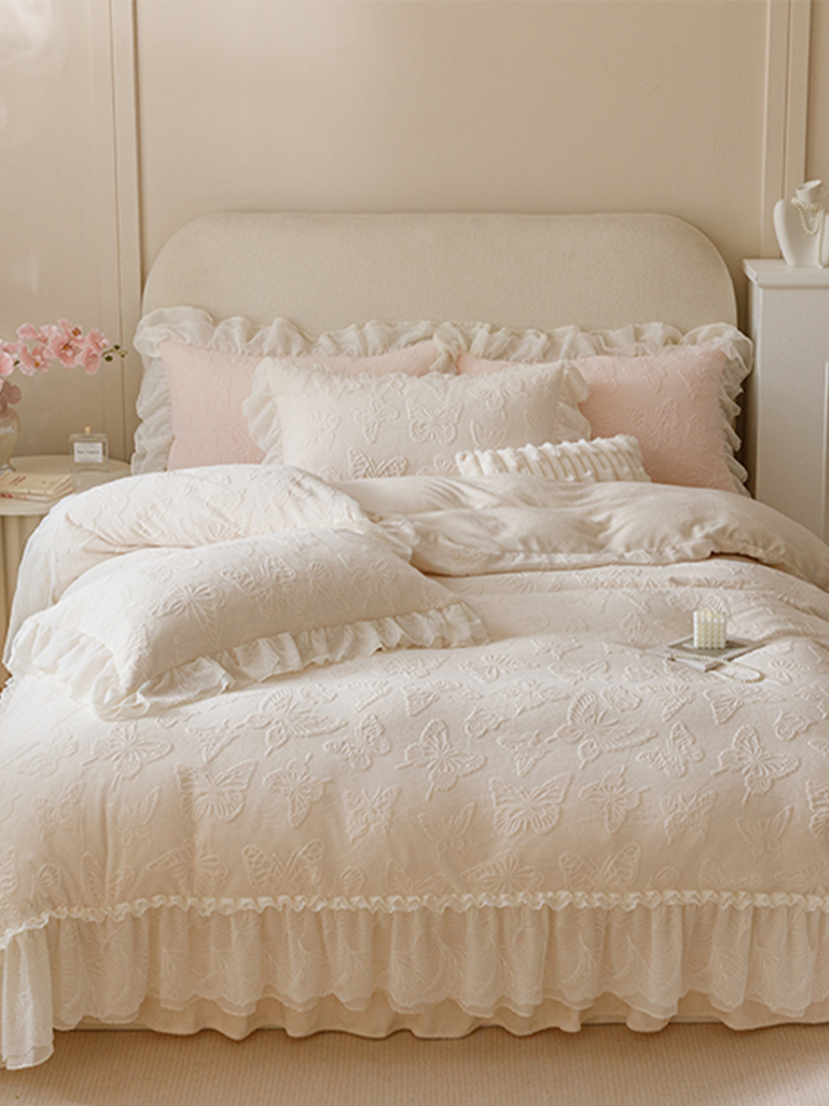 French Winter Ultra Soft Plush Fleece Bedding Set Lace Princess Bed Skirt