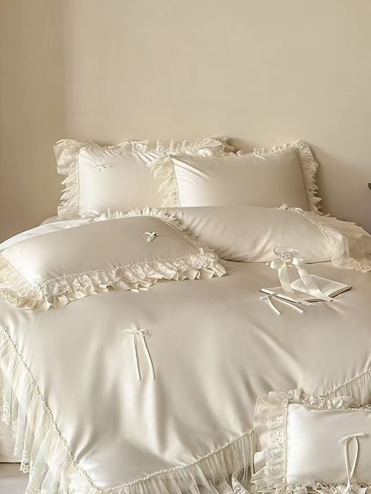 Tencel Cotton Blend Bedding Set Handcrafted Bow Lace Flat Sheet