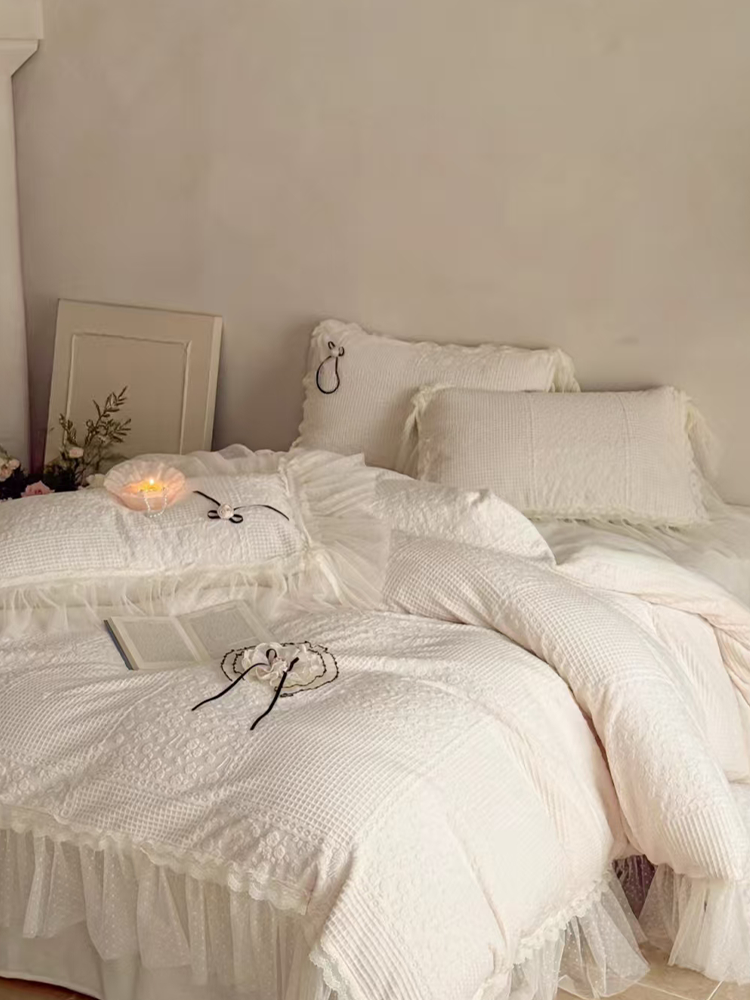 French Winter Ultra Soft Plush Fleece Bedding Set Romantic Lace Flat Sheet