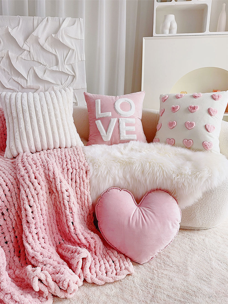 French Pink Velvet Decorative Pillow Cute Accent Cushion