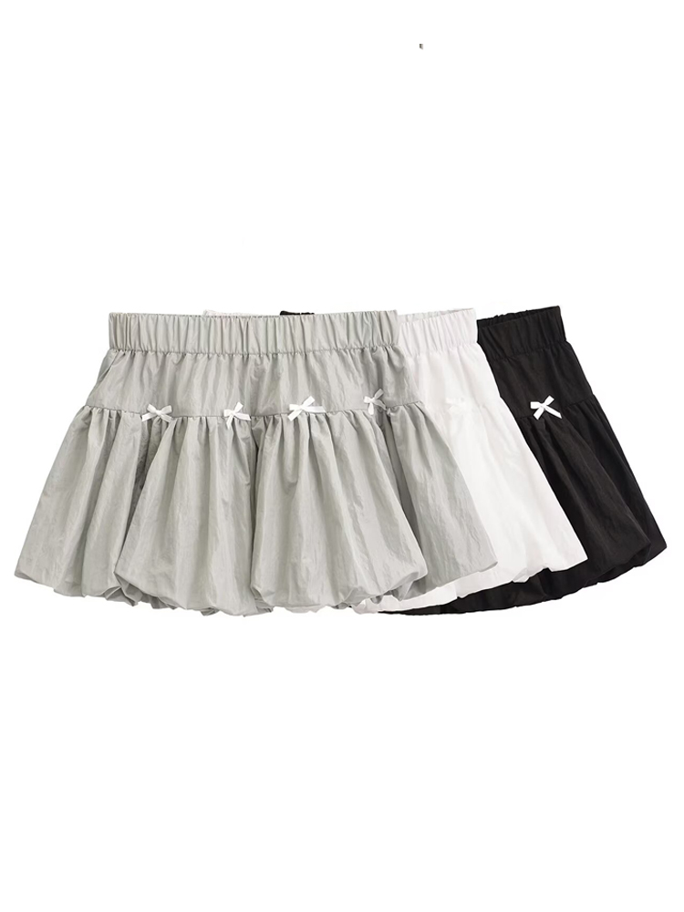 Bow Pleated Mini Skirt with Elastic Waist