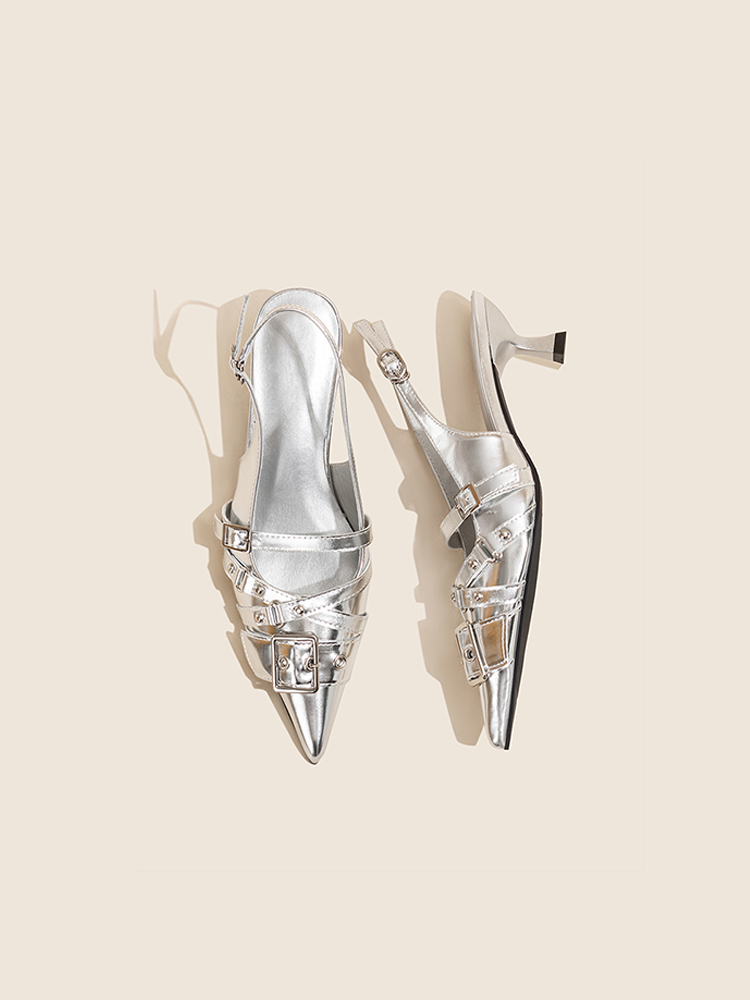 Silver Pointed Toe Leather High Heel Slide with Buckle
