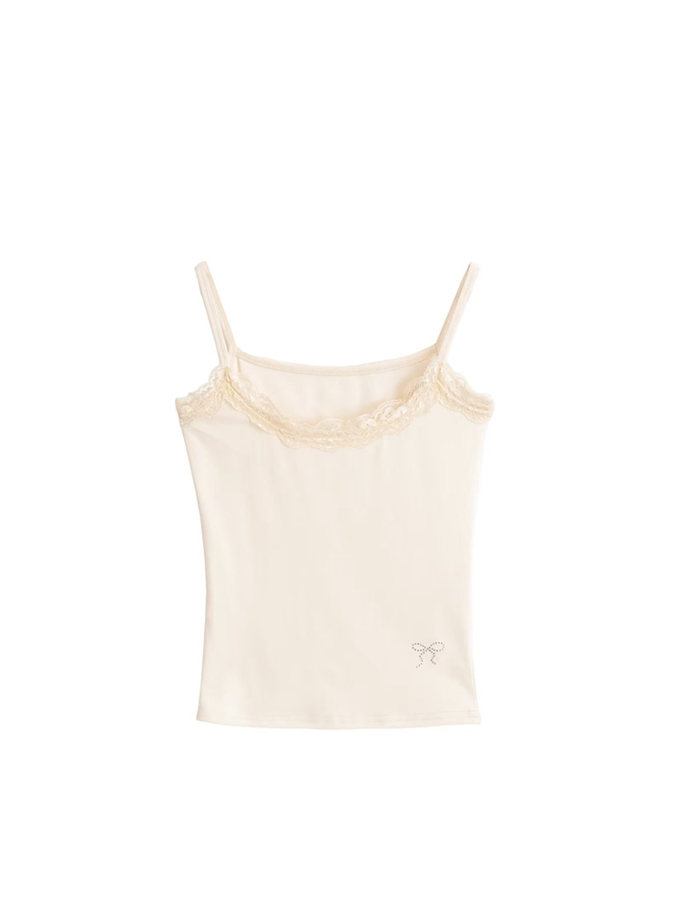 Lace Trim Ruched Cami Top & Rhinestone Hem Pants Set