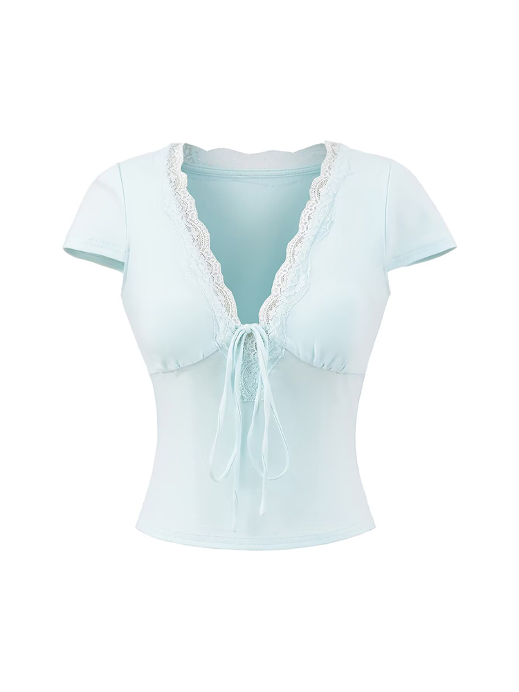 Lace Trim Tie-Front Deep V T-Shirt