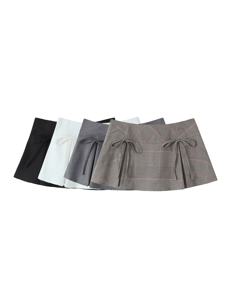 Plaid Pleated Mini Skirt with Bow Detail