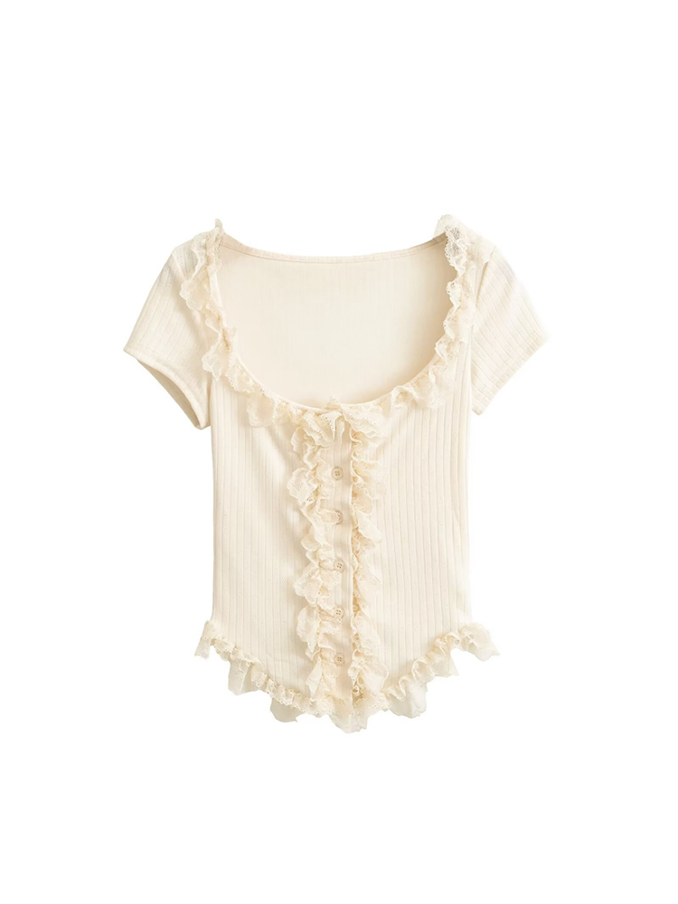 Lace Trim Button-Up Cropped Shirt