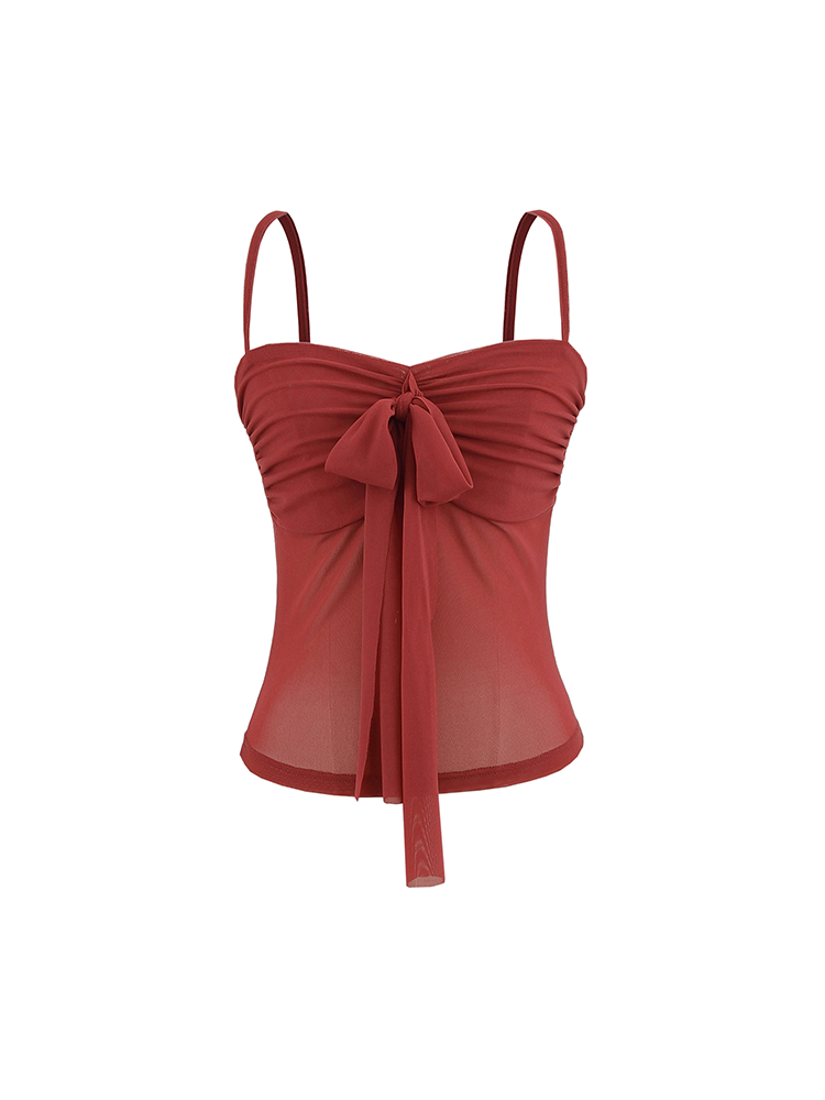 Mesh Ruched Bow Tie Strap Tube Top