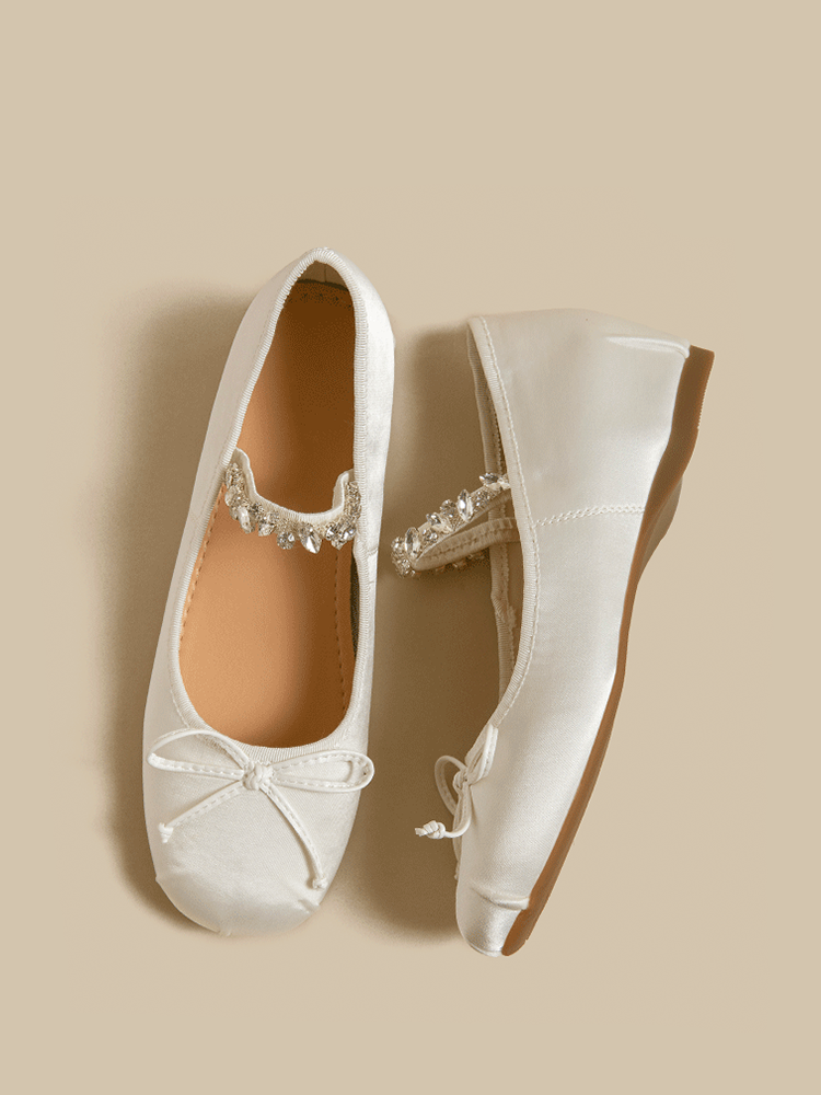 Satin Ballet Flats with Rhinestone Bow