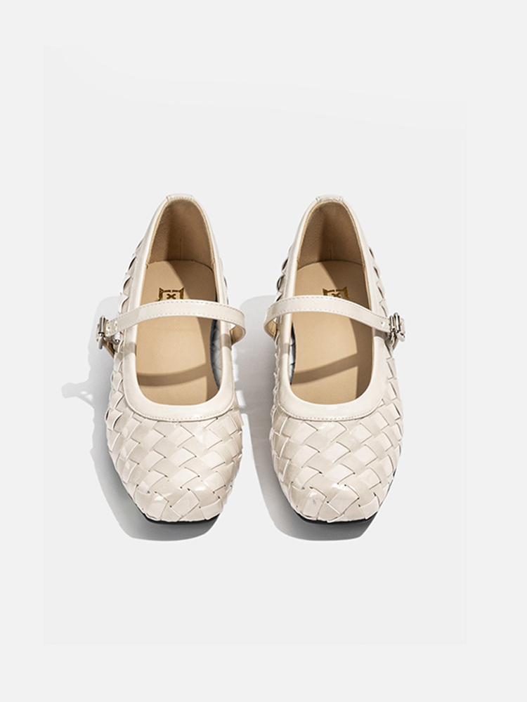 French Woven Slip-On Mary Jane Flats with Buckle Strap