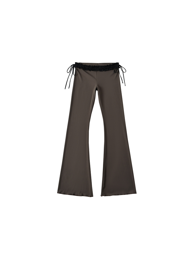 Ruched Drawstring Flare Pants with Lace Trim