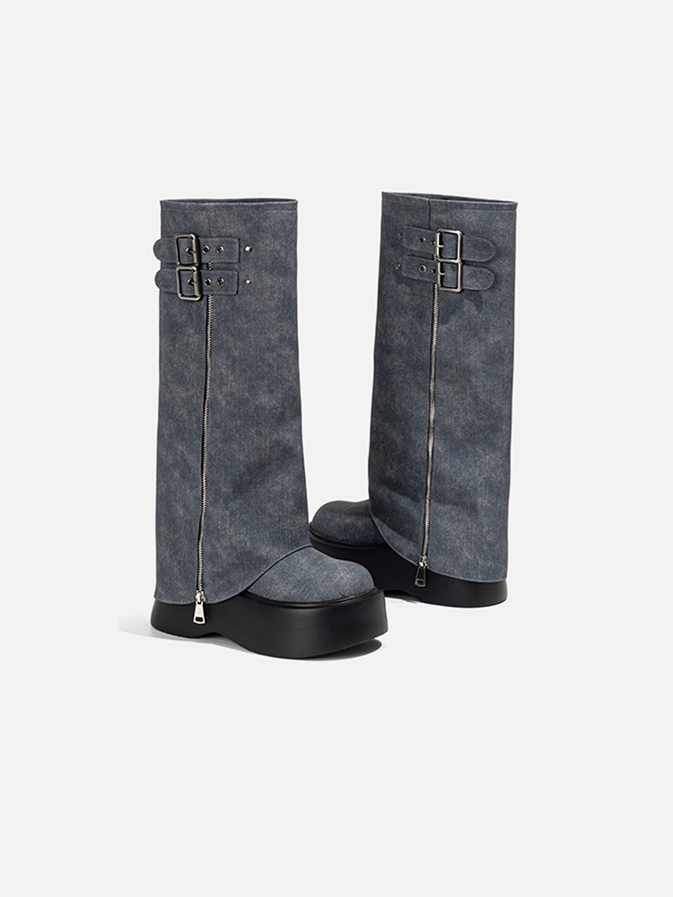 Denim Stacked Long Boots