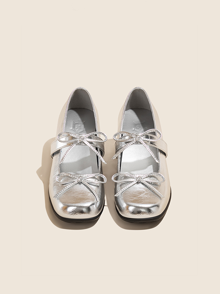 7cm Height-Increase Silver Bow Mary Jane Ballet Flats