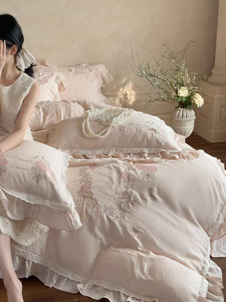 French Gentle Cotton Gauze Bedding Set Embroidered Lace Flat Sheet