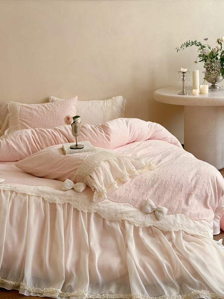 French Romantic Plush Ultra Soft Plush Fleece Bedding Set Lace Flat Sheet