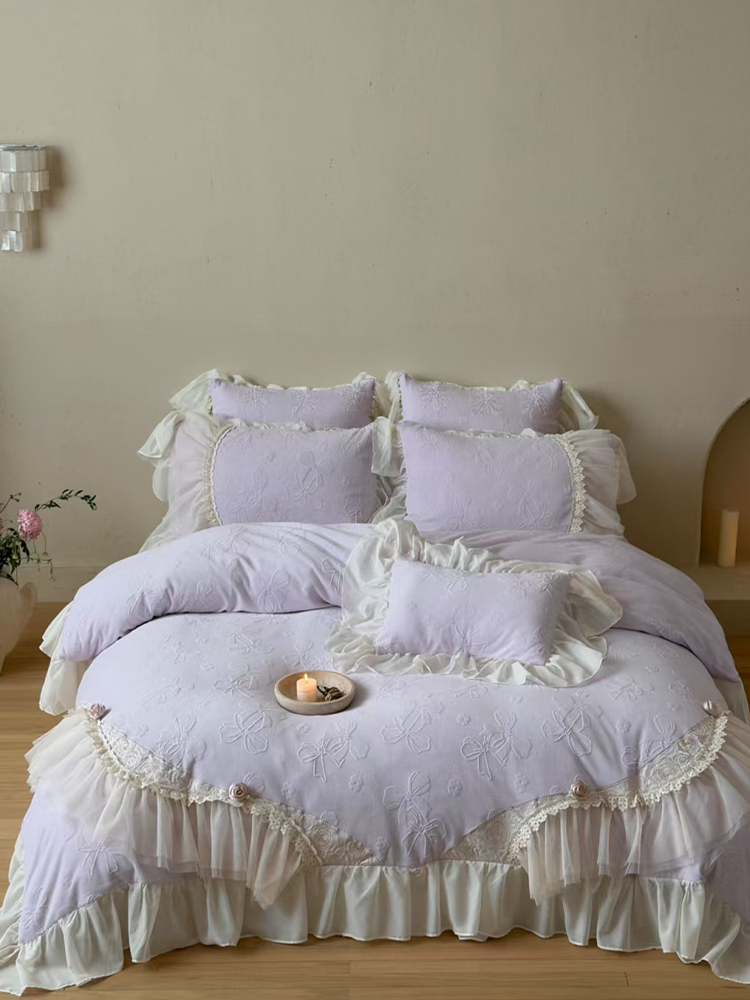 French Romantic Plush Ultra Soft Plush Fleece Bedding Set Embossed Lace Flat Sheet