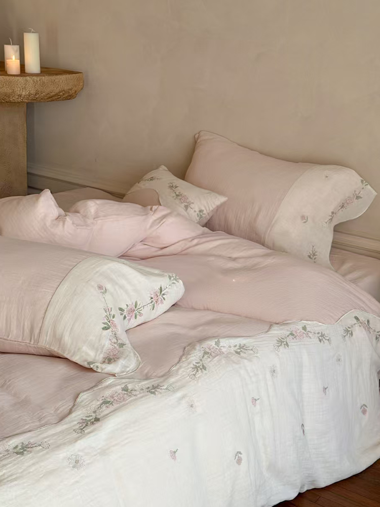 Fresh Pink Cotton Gauze Bedding Set Embroidered Soft Flat Sheet