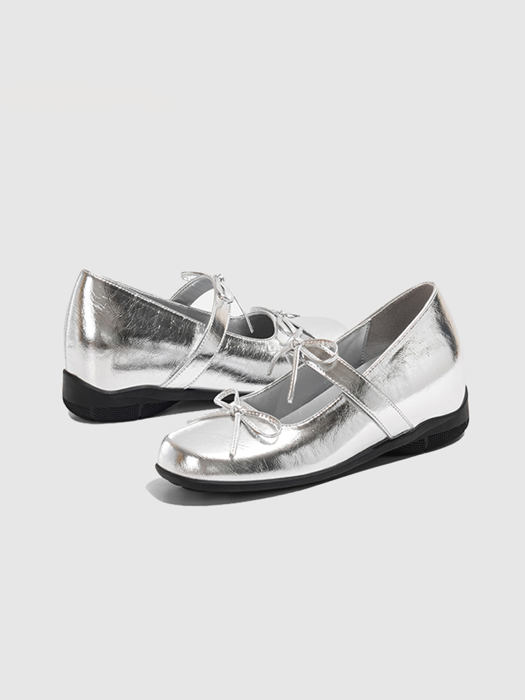 7cm Height-Increase Silver Bow Mary Jane Ballet Flats
