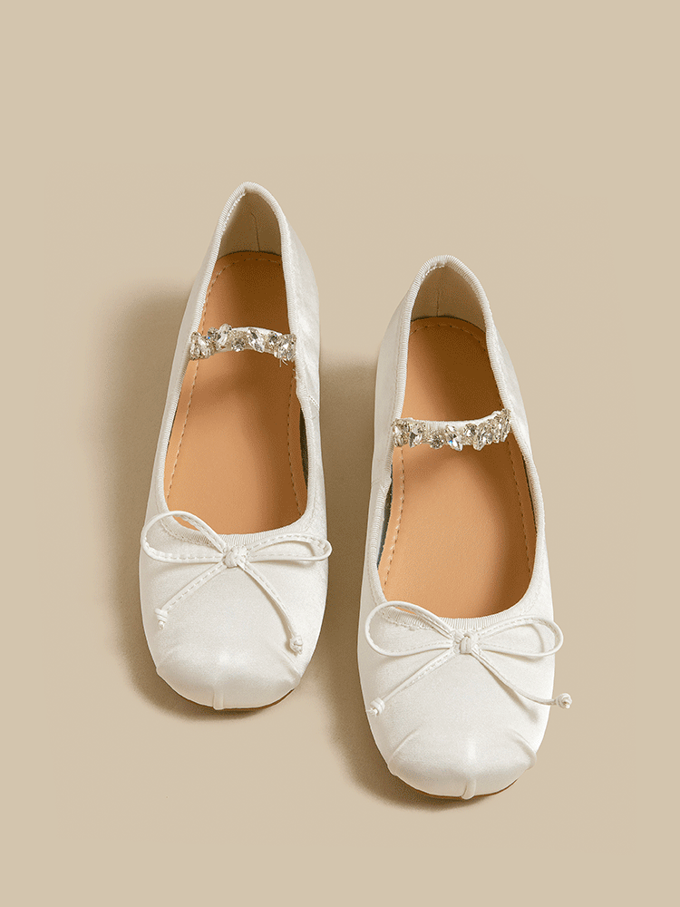 Satin Ballet Flats with Rhinestone Bow