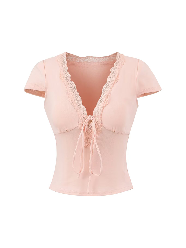 Lace Trim Tie-Front Deep V T-Shirt
