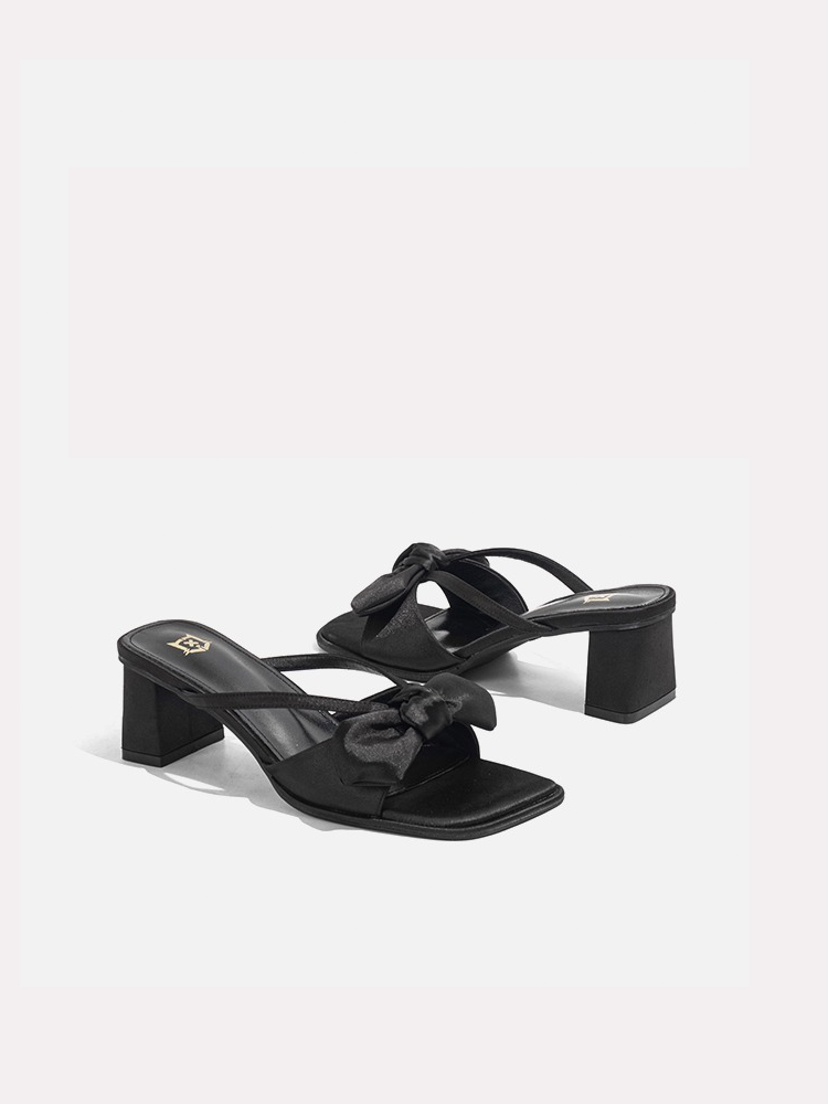 Bow Detail French Square Toe High Heel Slides