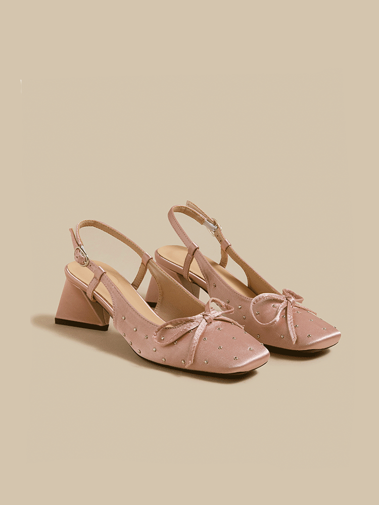 Rhinestone Bow Ankle-Strap Block Heels