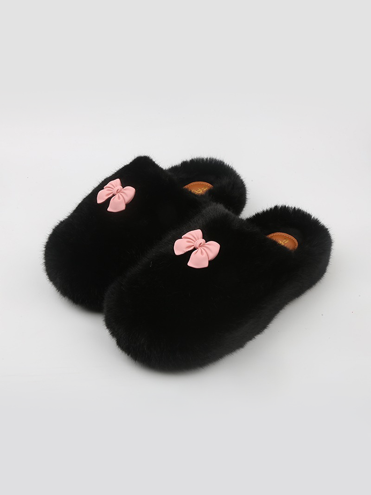 Bow Fuzzy Platform Slippers – Closed-Toe Winter Mules