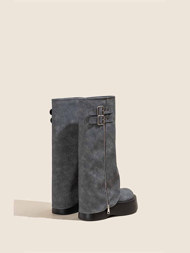 Denim Stacked Long Boots