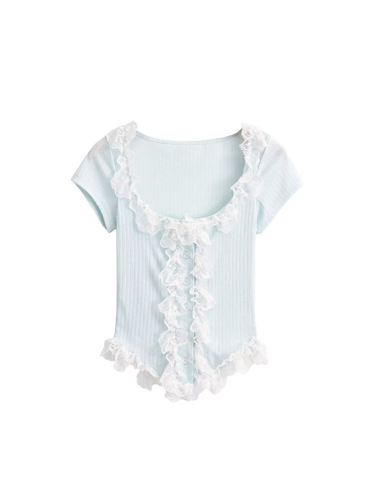 Lace Trim Button-Up Cropped Shirt