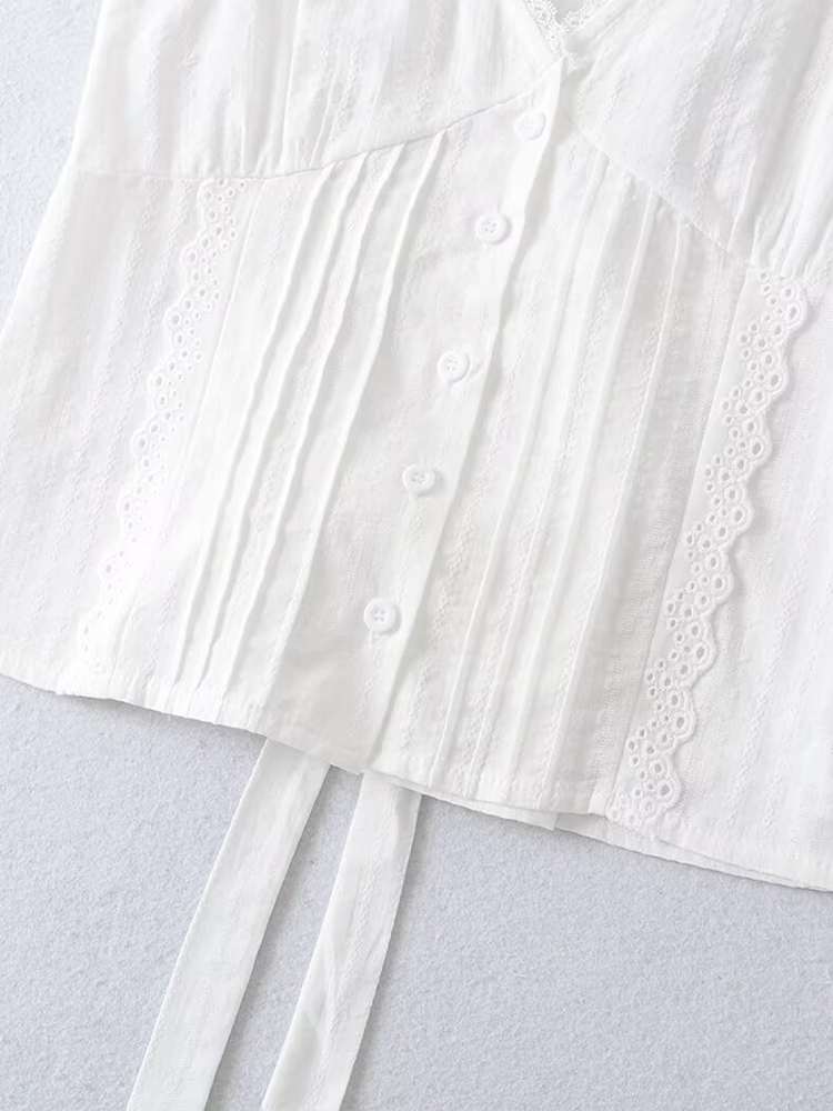 White Lace V-Neck Tie-Front Crop Top
