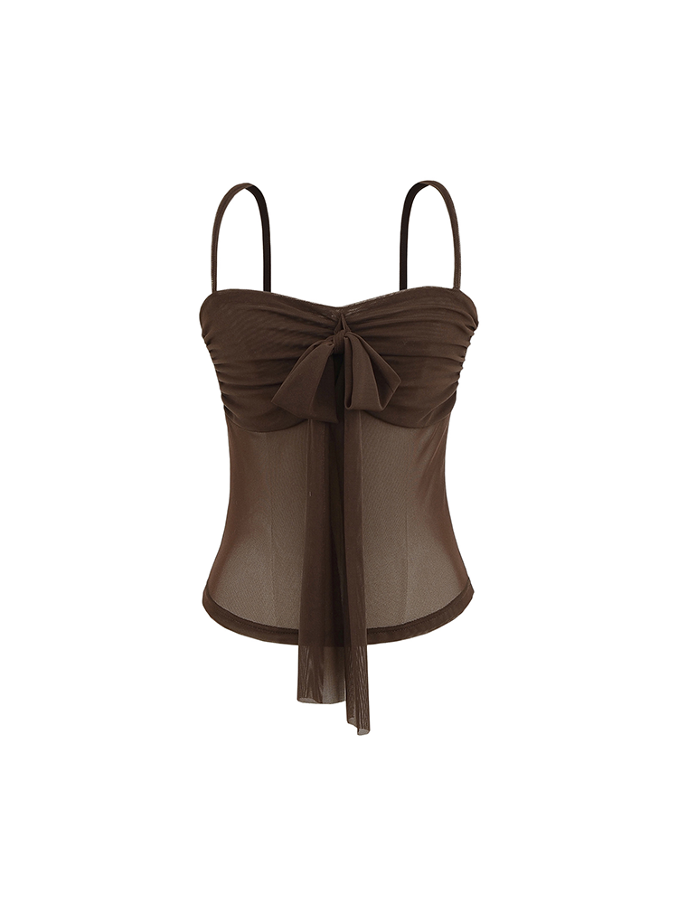 Mesh Ruched Bow Tie Strap Tube Top