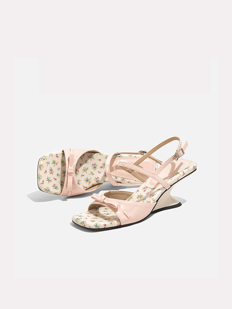 Floral Wedge Sandals with Bow & Block Heel