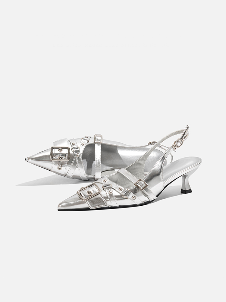 Silver Pointed Toe Leather High Heel Slide with Buckle