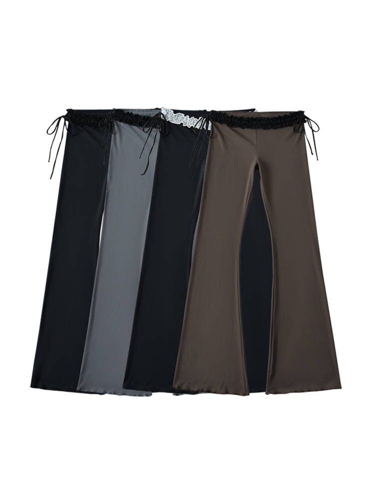 Ruched Drawstring Flare Pants with Lace Trim