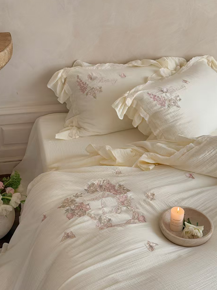 French Gentle Cotton Gauze Bedding Set Embroidered Lace Flat Sheet