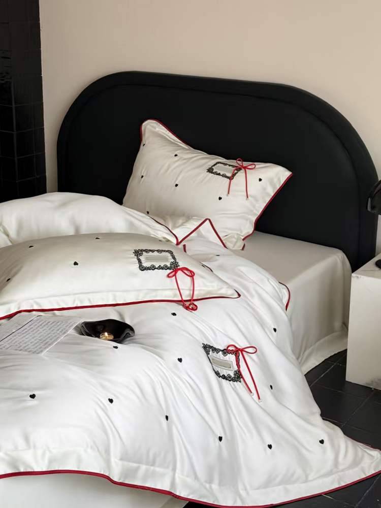 French Sweet Tencel Bedding Set Embroidered Silky Lace Summer Flat Sheet