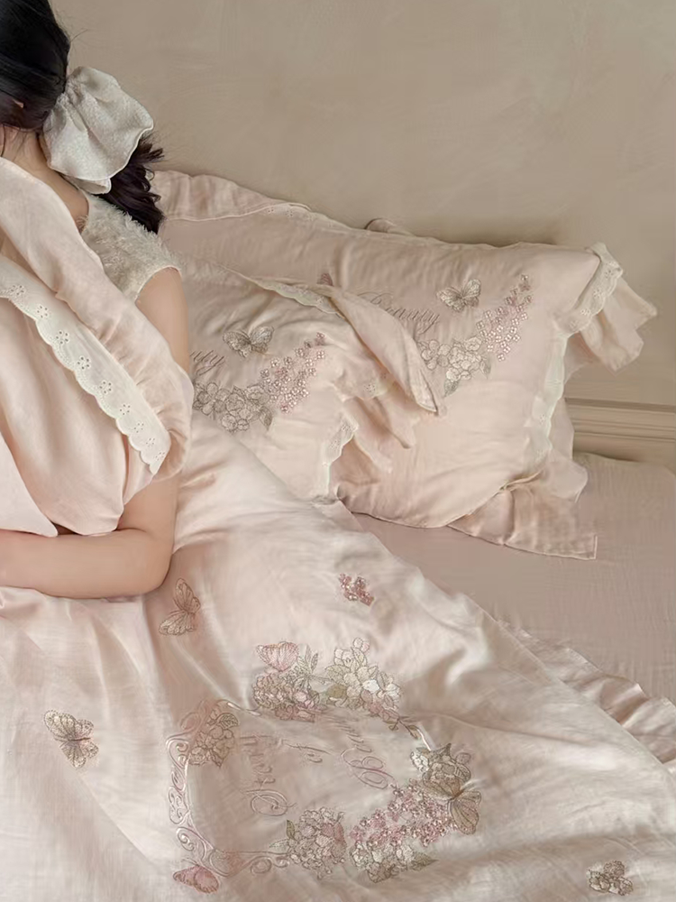 French Gentle Cotton Gauze Bedding Set Embroidered Lace Flat Sheet